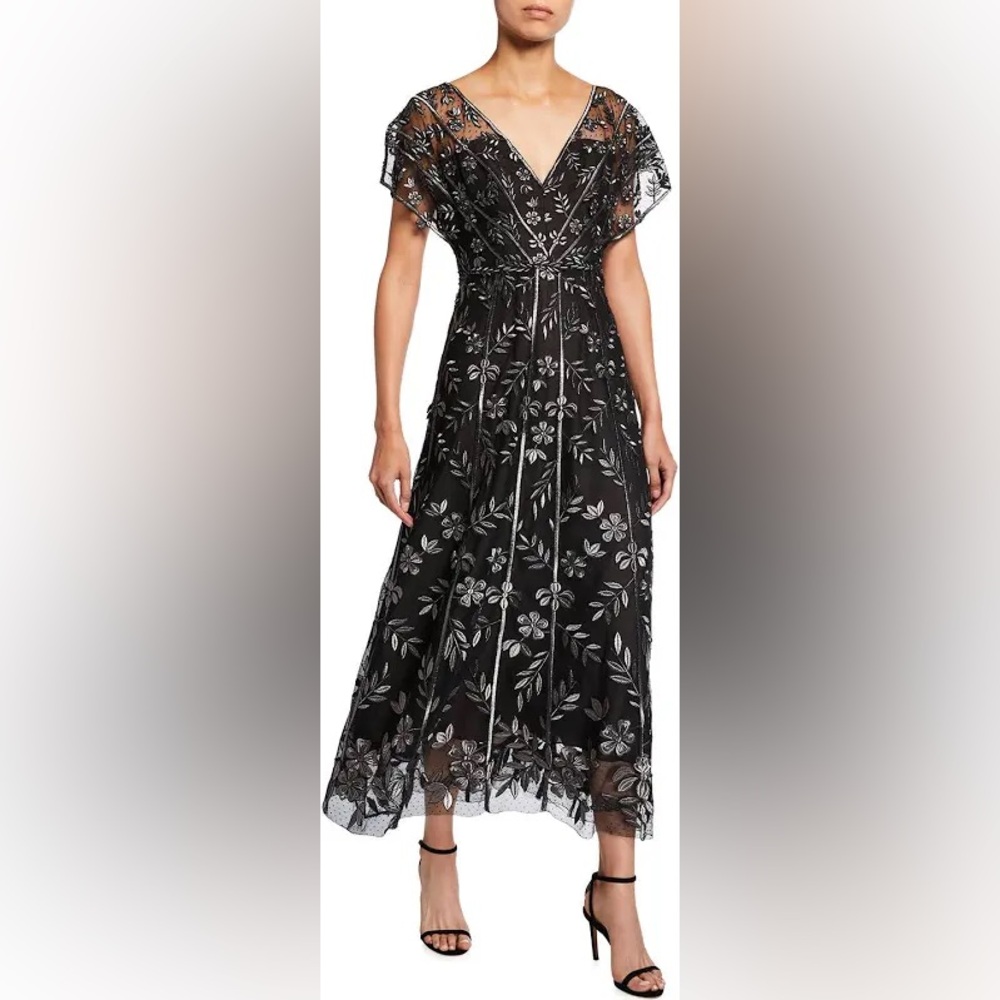 LELA ROSE FLUTTER SLEEVE EMBROIDERED VINE TULLE DRESS GUNMETAL SIZE 20